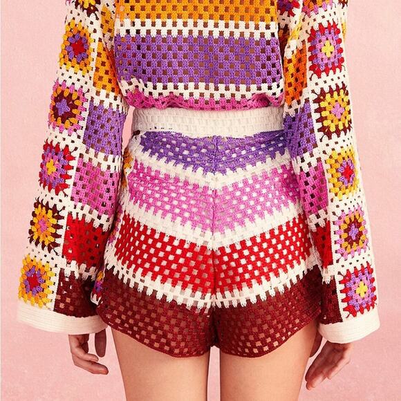 Farm Rio Mixed Stripes Crochet Knit Drawstring Shorts Multicolor Rainbow - Picture 6 of 14
